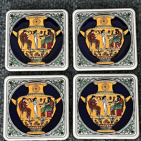 Vintage Greece Coaster Set Ceramic Colorful Mediterranean Travel Decor Set of 4 - Picture 1 of 16